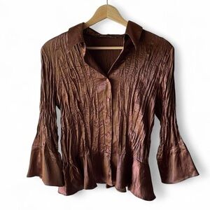 Y2K Satin Brown Crinkle Blouse with Flared Sleeves